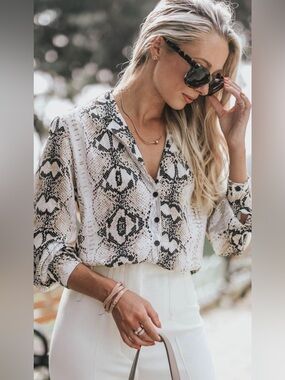 Snake Print sheer Button-Up Blouse in pale Creamy grey and Brown
